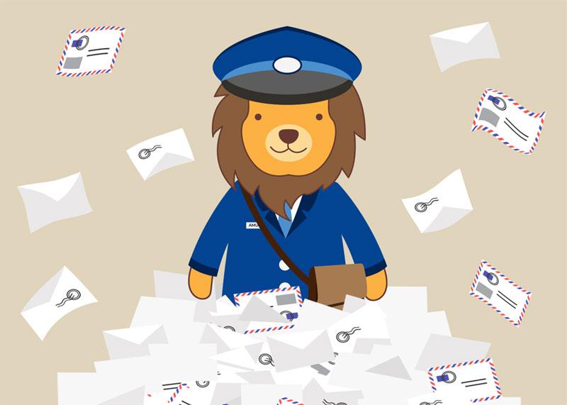 UAFS mascot, Numa, dressed as a mail carrier stands atop a pile of letters